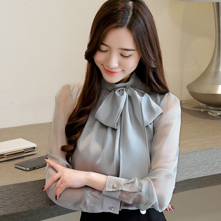 Long Sleeve Bow Collar Blouses