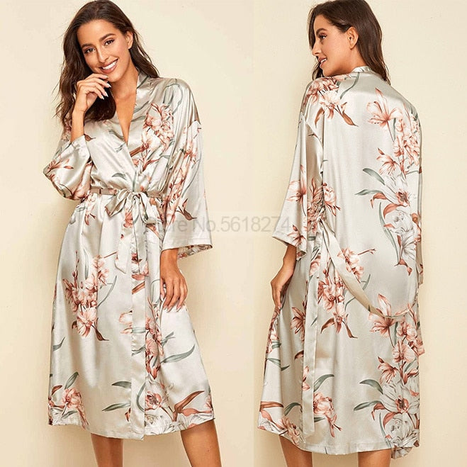 Flower Print Satin Kimono Gown Sets