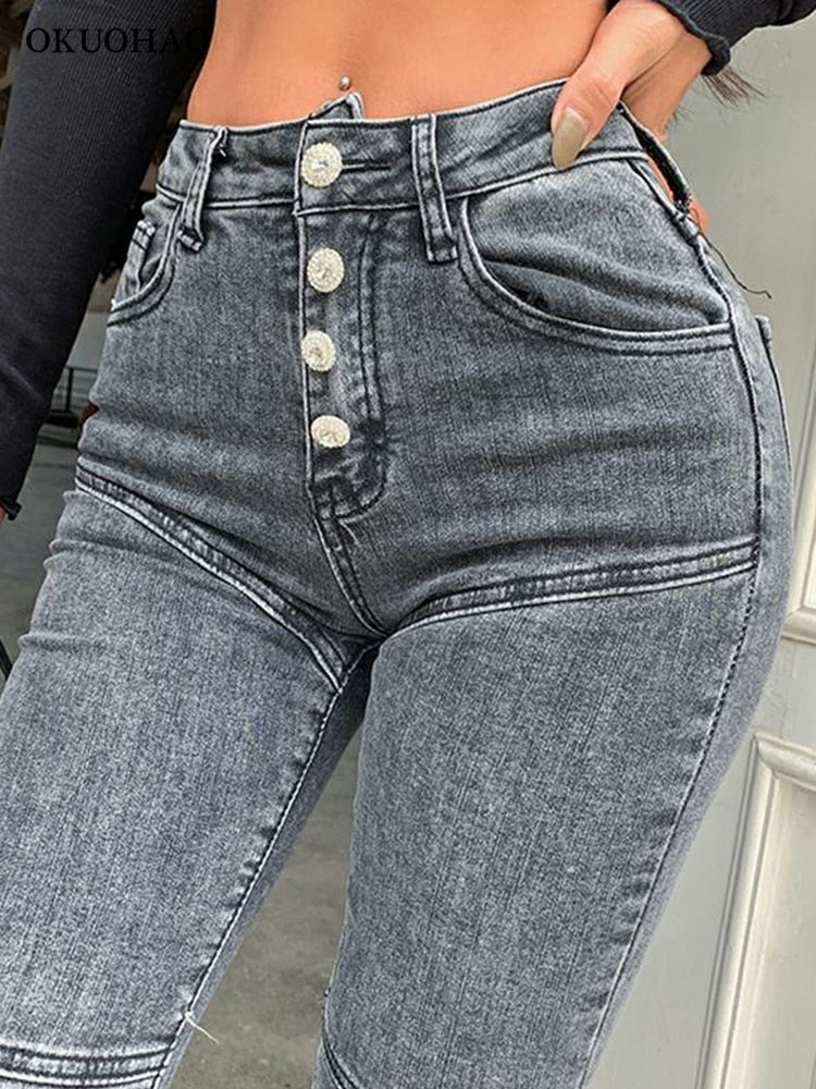 High Waist Stretch Denim Pencil Pants