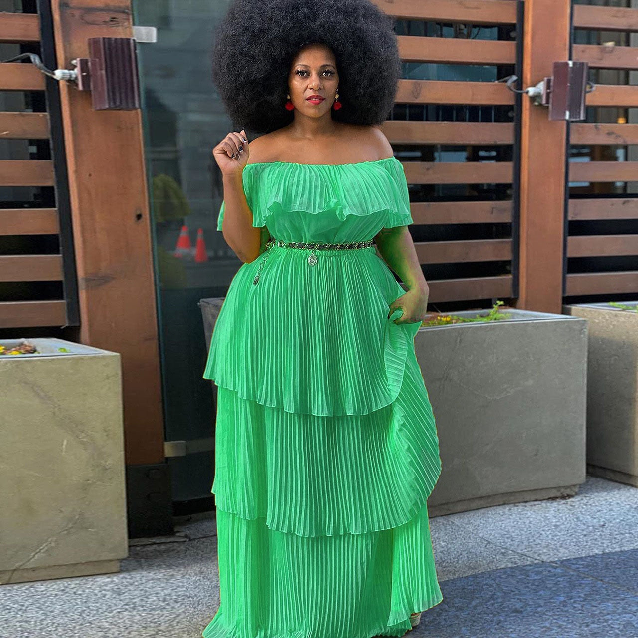 Solid Color Off Shoulder Pleated Long Dress