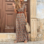 V-neck Short Sleeve Belted Bohemian Maxi Dress