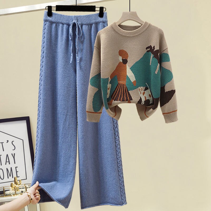 Cartoon Printed Wide Leg Knitted Pants Suit