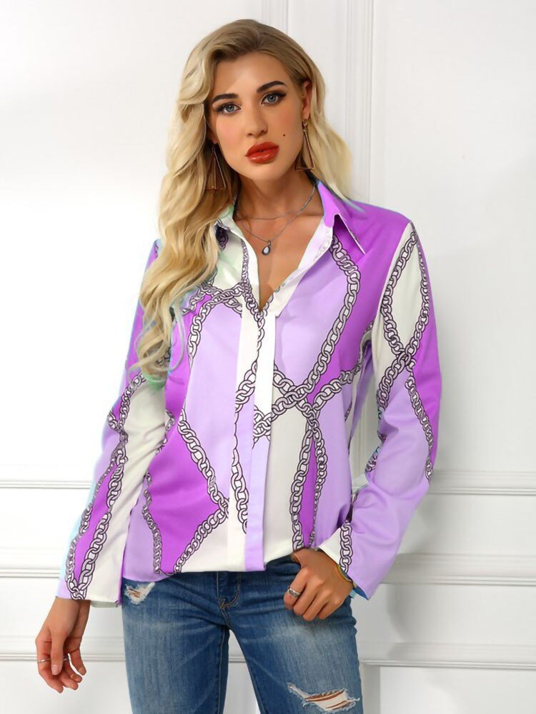 Turn Down Collar Chain Print Blouses