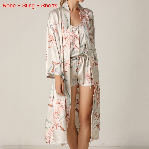 Flower Print Satin Kimono Gown Sets