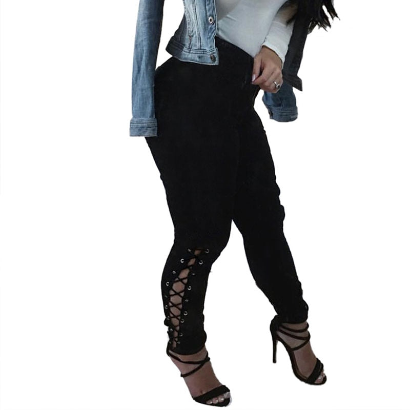 Skinny Jeans High Waist Ripped Lace Up Pencil Pants