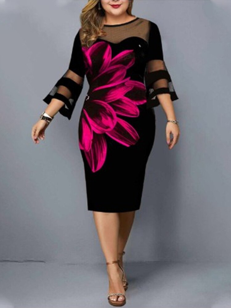 Black Lace Sleeve Flower Print Mesh Dresses