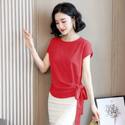 Silk Short-Sleeve Solid Bow Blouses