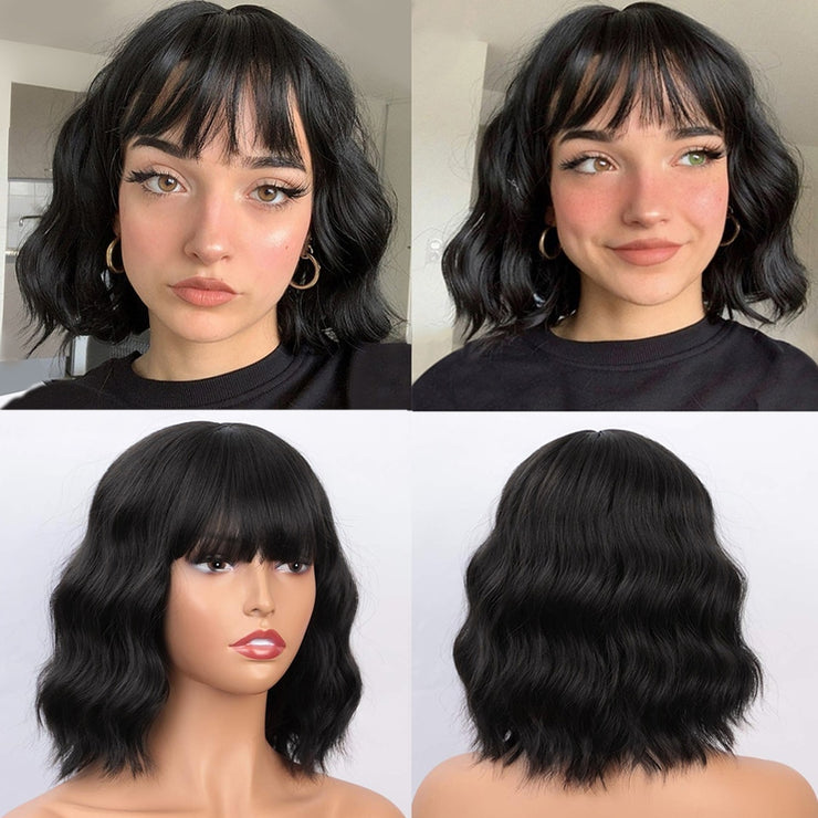 Synthetic Wavy Wig with Bangs Heat Resistant