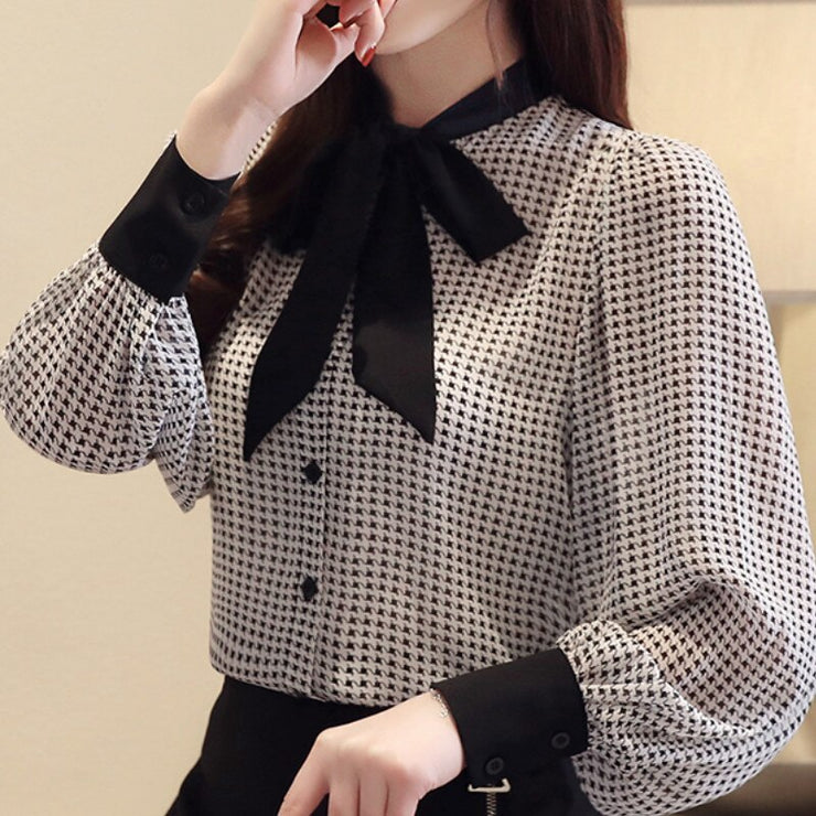 Bow Collor Plaid Office Blouse