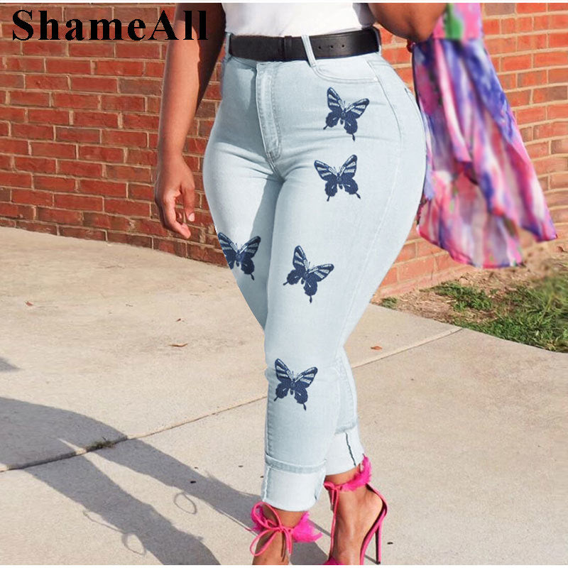 Butterfly Print Stretchy Skinny Jeans