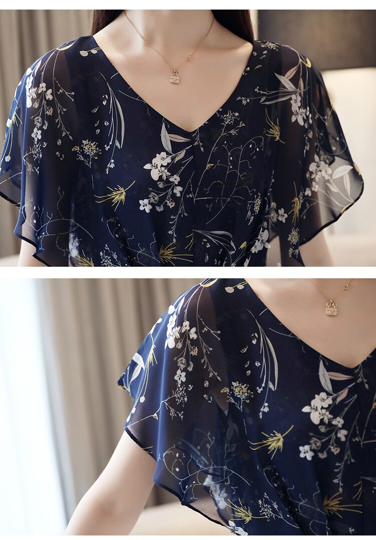 V Neck Ruffles Print Blouse