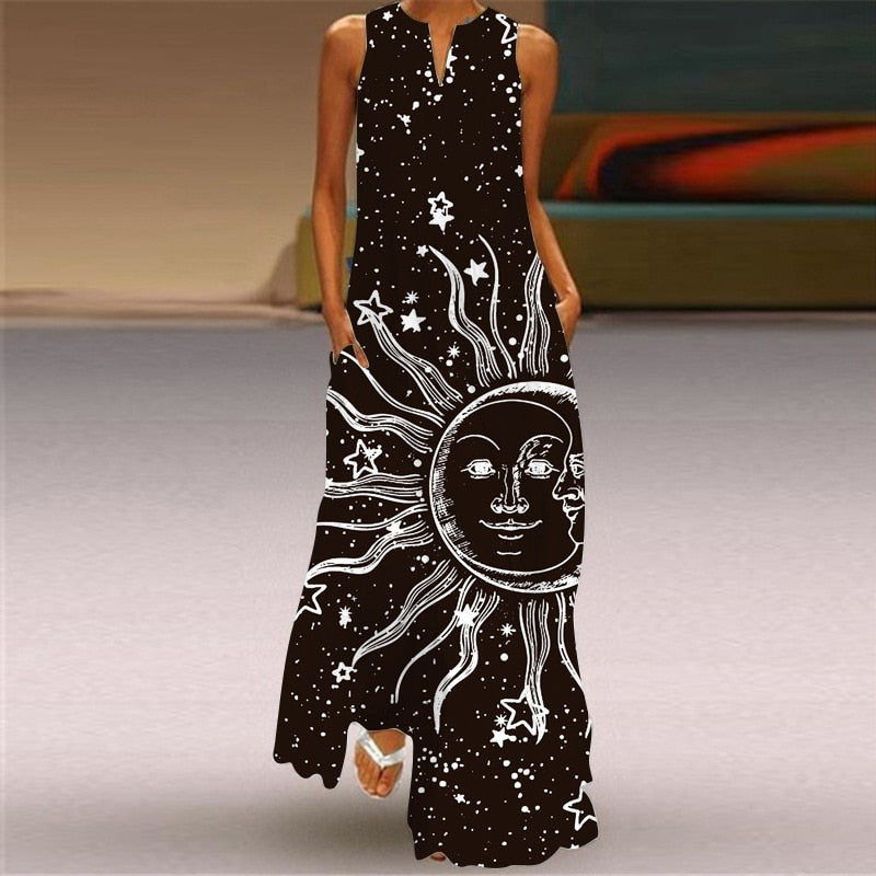 Long LW Figure Print V Neck Stretch Dresses