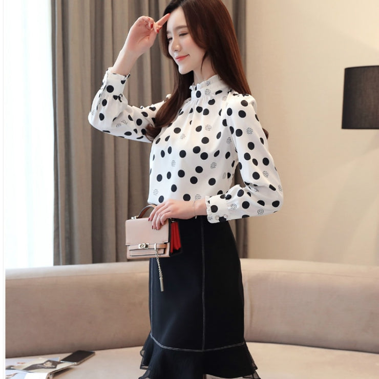 Chiffon Long Sleeve Polka Dot Ruffle Blouses