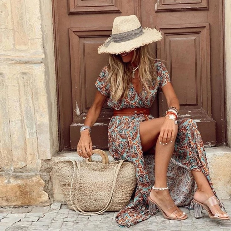 V-neck Short Sleeve Belted Bohemian Maxi Dress