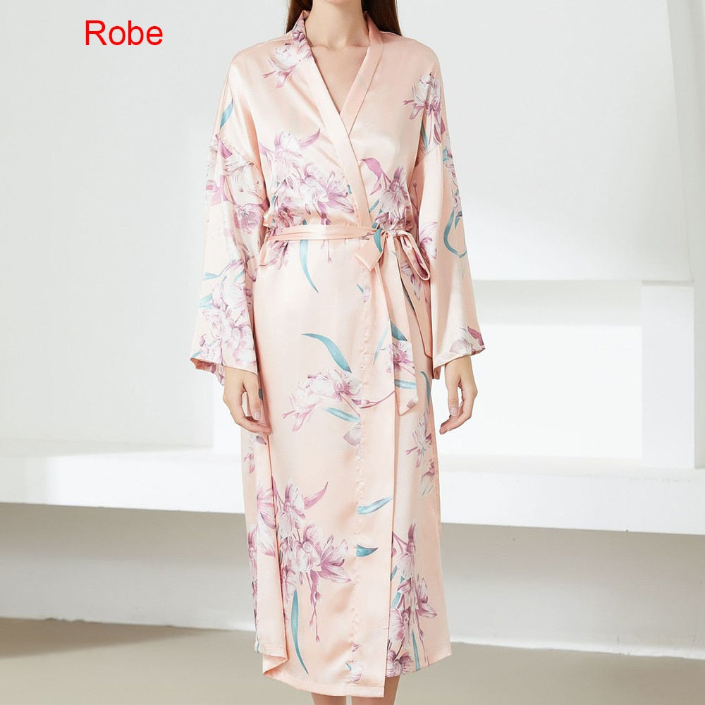 Flower Print Satin Kimono Gown Sets