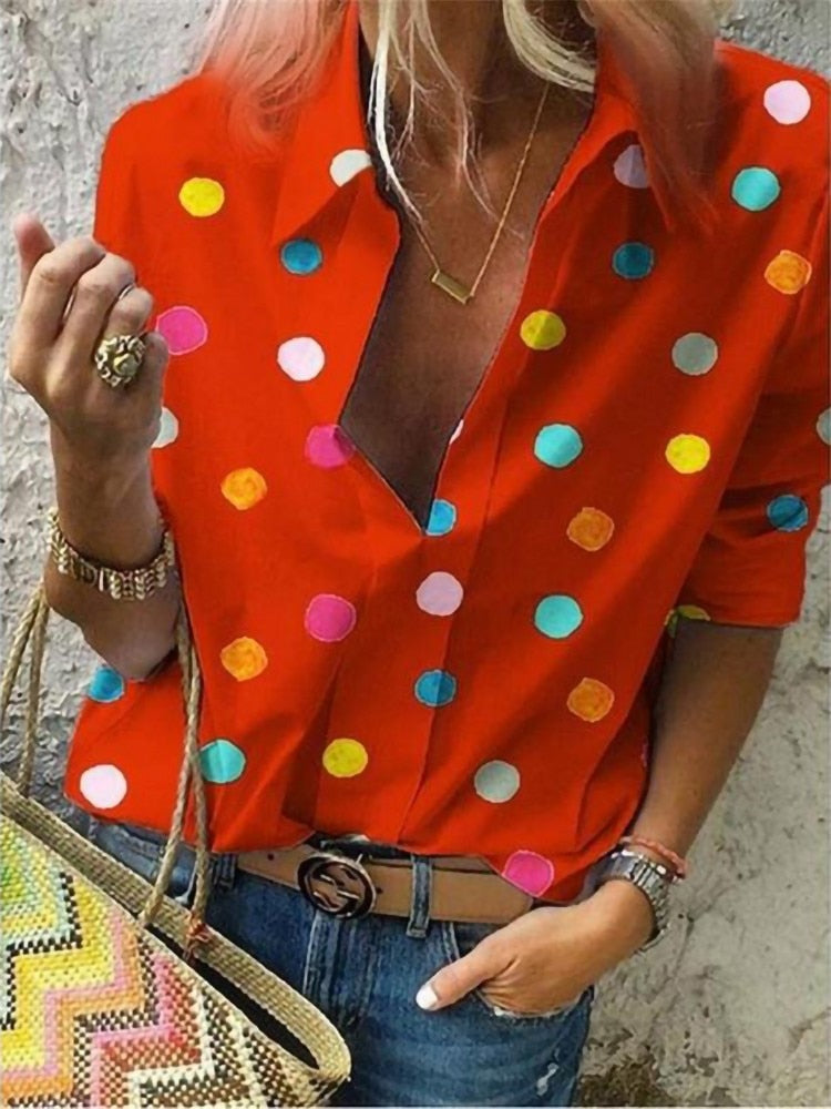 Polka Dot Turn Down Collar Blouse