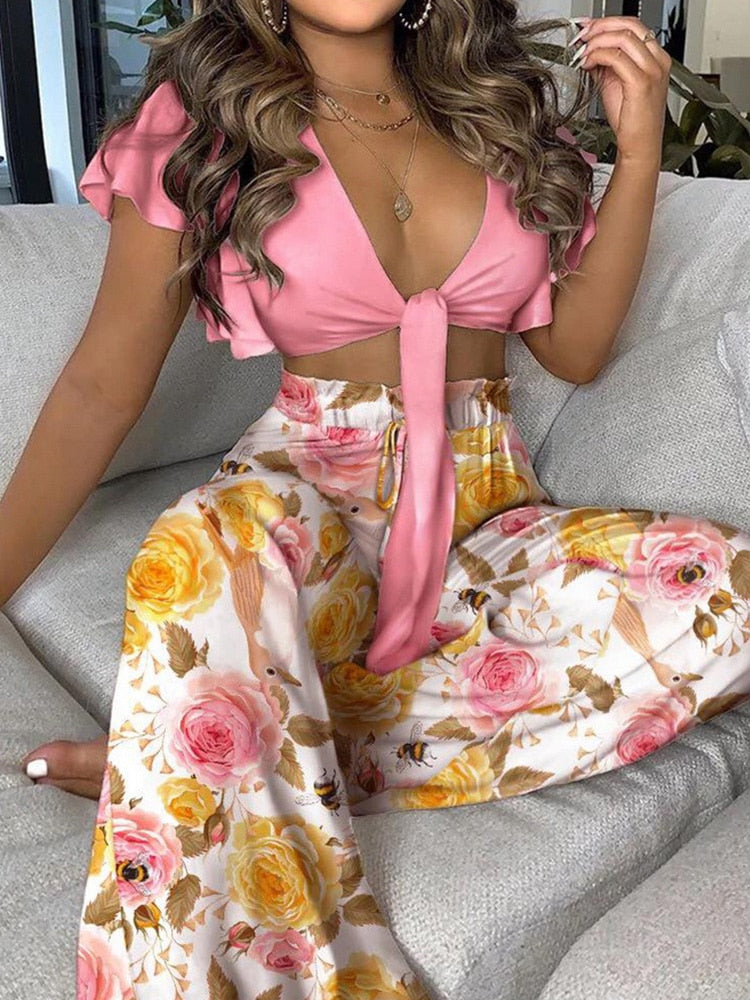 Lace Up Elegant High Waist 2pc Colorblock Set