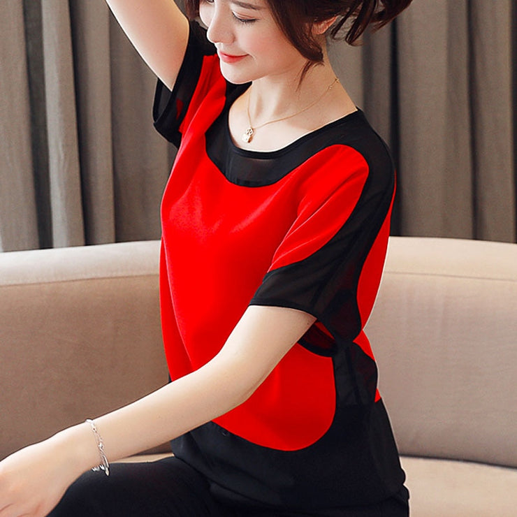 Short Sleeve Chiffon O-Neck Blouse