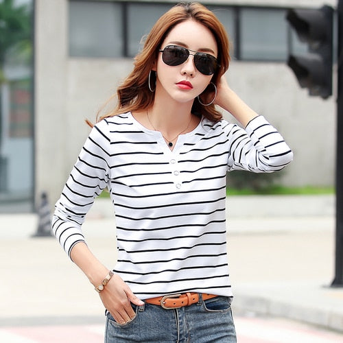 Striped V-neck  Long Sleeve  T Shirt