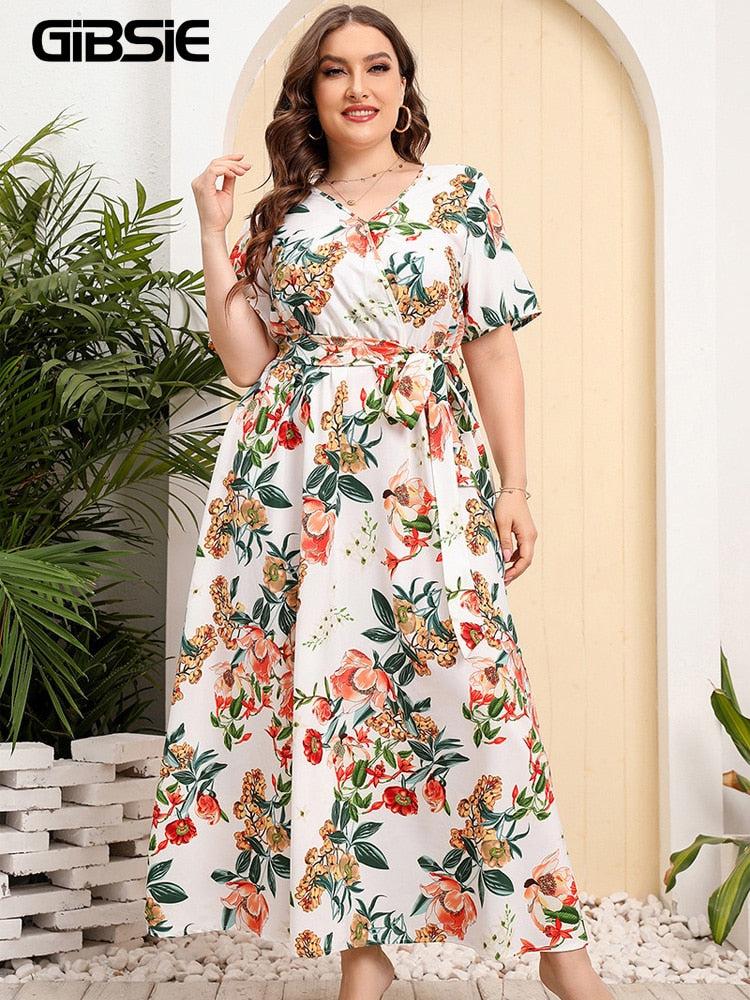 V Neck Floral Print Boho Short Sleeve Maxi Dresses