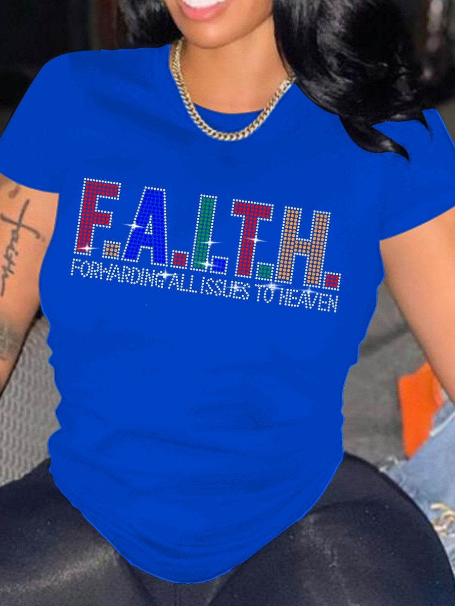 LW Rhinestone Faith Letter Gradient Geometric Print T-Shirts