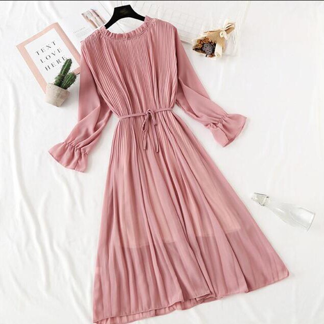 Pleated Ruffle Flare Dress