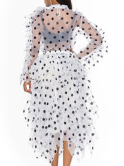 Polka Dot Two Piece Blouse and Irregular Midi Skirt