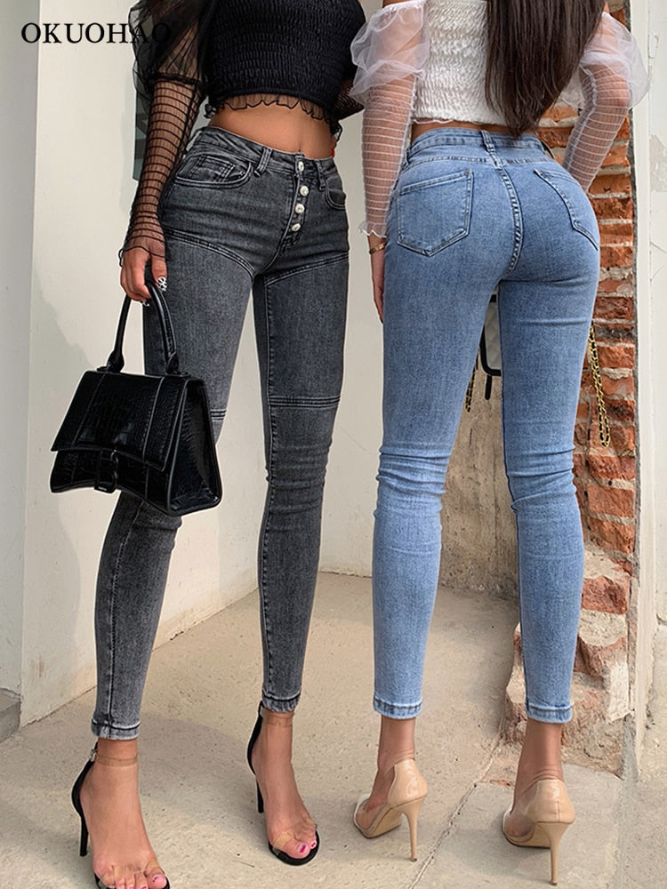 High Waist Stretch Denim Pencil Pants