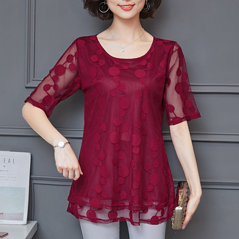 Round Collar Lace Transparent Blouse