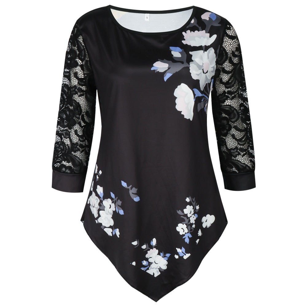 Butterfly print Lace 3/4 Sleeve Blouse