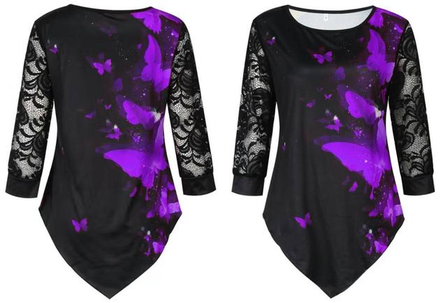 Butterfly print Lace 3/4 Sleeve Blouse