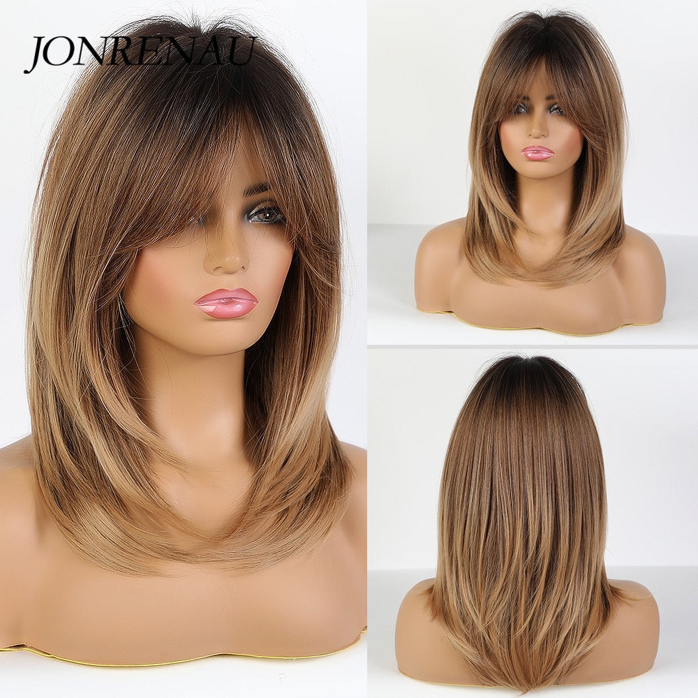 JONRENAU Middle Long Straight Hair with Bangs Heat Resistance