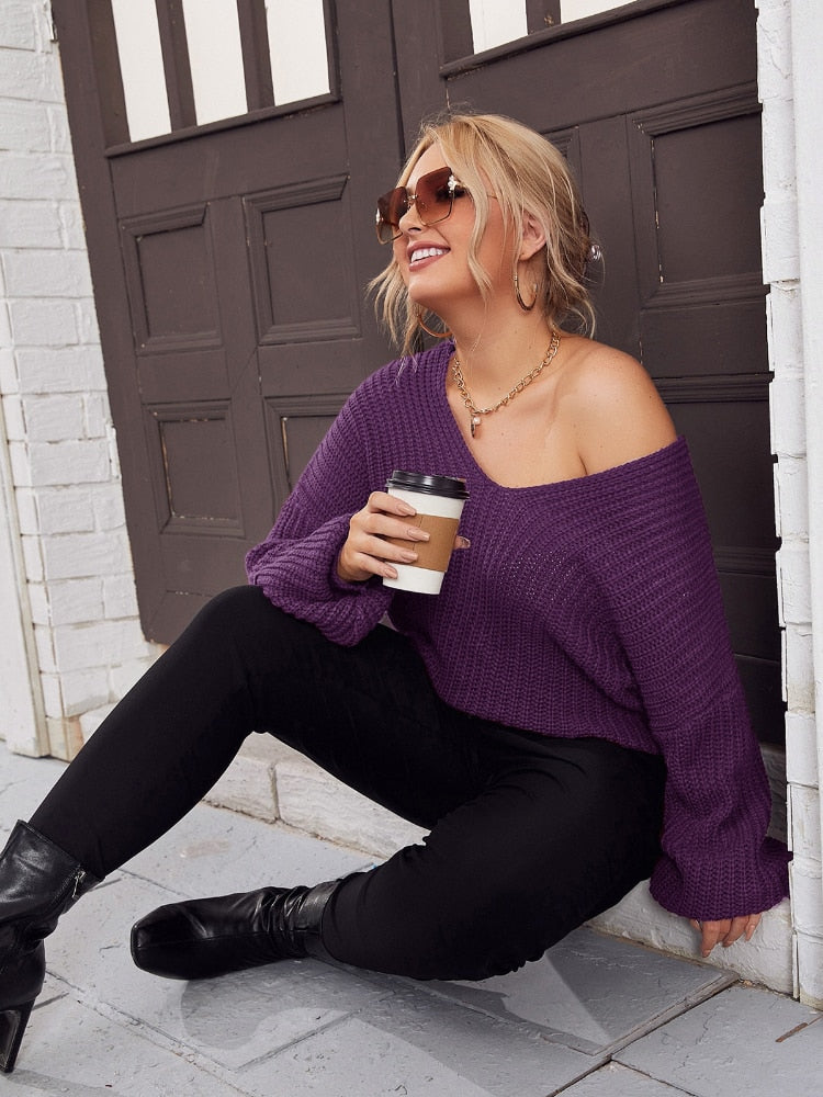 Oversize V-Neck Knitted Long Sleeve Sweater