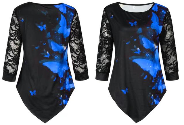 Butterfly print Lace 3/4 Sleeve Blouse