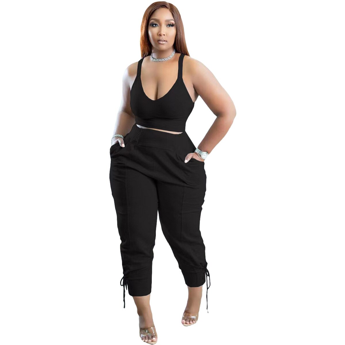 Sleeveless 2 Piece Crop Top Long Pants Tracksuit