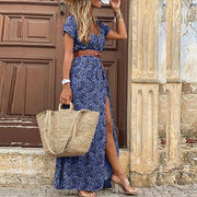 V-neck Short Sleeve Belted Bohemian Maxi Dress