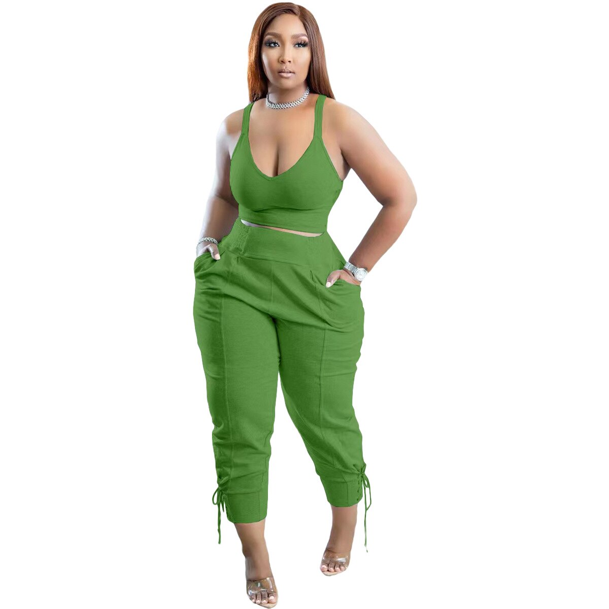 Sleeveless 2 Piece Crop Top Long Pants Tracksuit