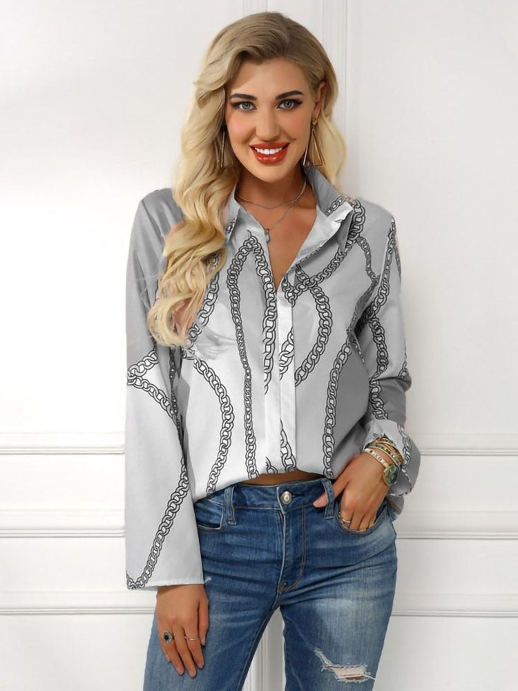 Turn Down Collar Chain Print Blouses