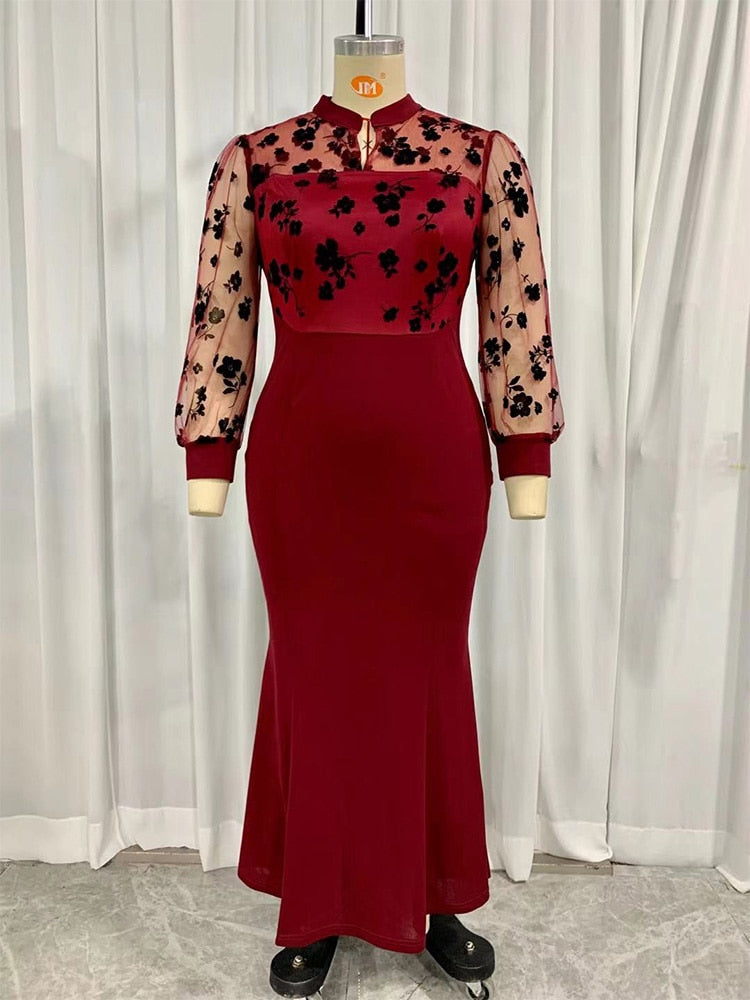 Printed Long Sleeve Red Maxi Dresses