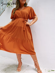 Ruffled A-line V-neck Belt Maxi Dresses