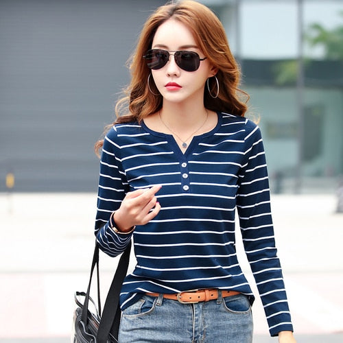 Striped V-neck  Long Sleeve  T Shirt