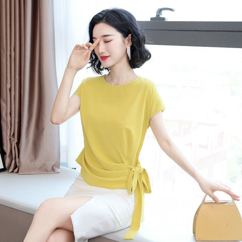 Silk Short-Sleeve Solid Bow Blouses