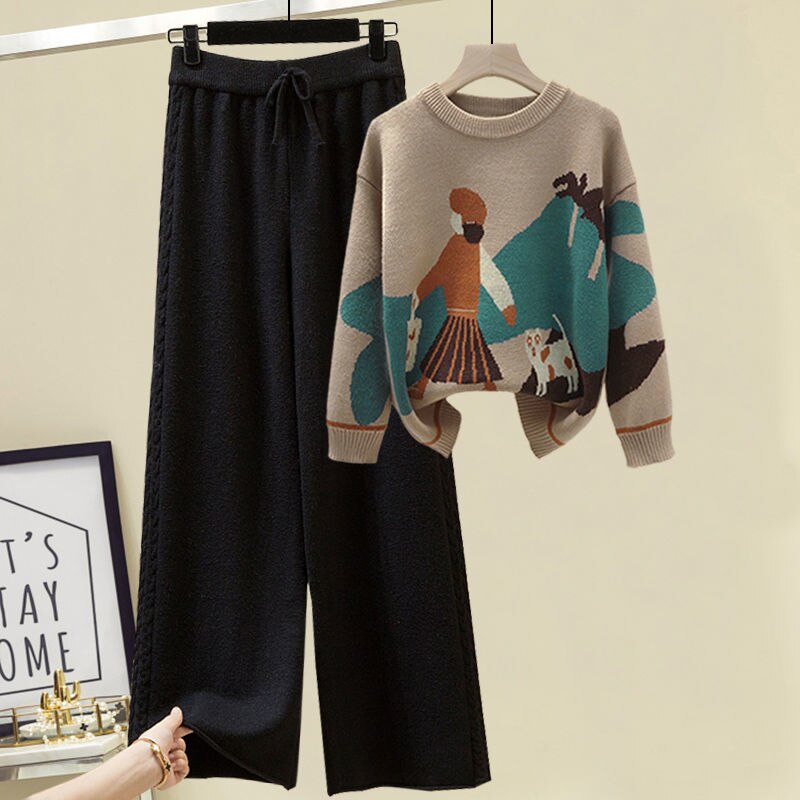 Cartoon Printed Wide Leg Knitted Pants Suit