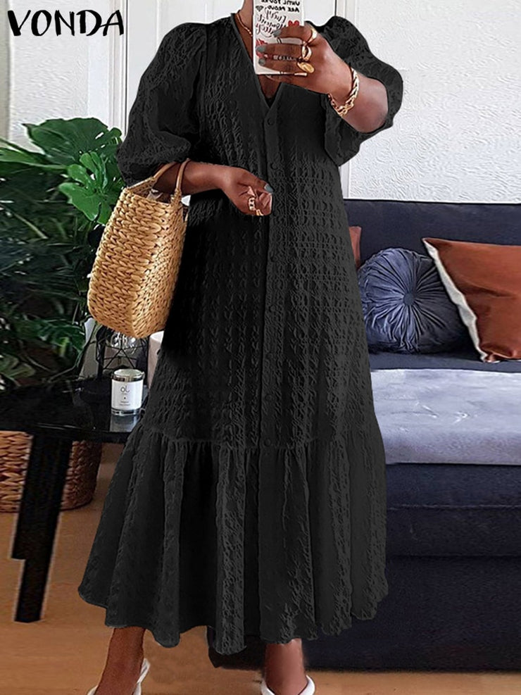 V Neck Button Down Half Sleeve Bohemian Dress