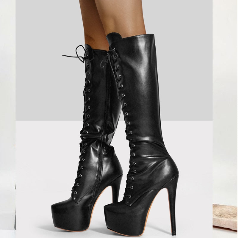 Round Toe Knee High Stiletto Boots