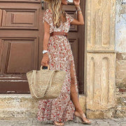 V-neck Short Sleeve Belted Bohemian Maxi Dress