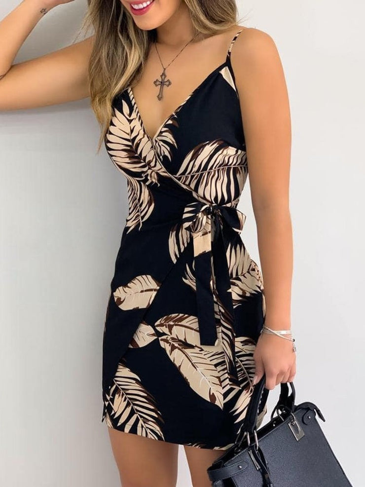 Tropical Print V-Neck Sleeveless Mini Dress