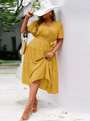 Ruffled A-line V-neck Belt Maxi Dresses