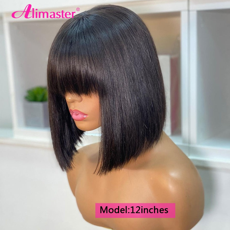 Straight Human Hair with Bangs No Lace Wigs