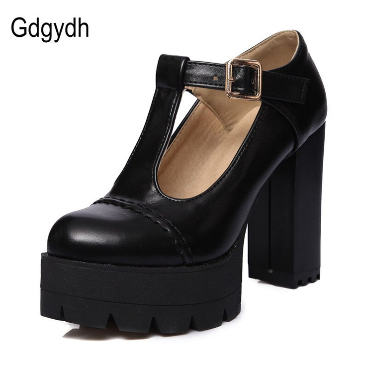 Platform Round Toe T-Strap Buckle Heels